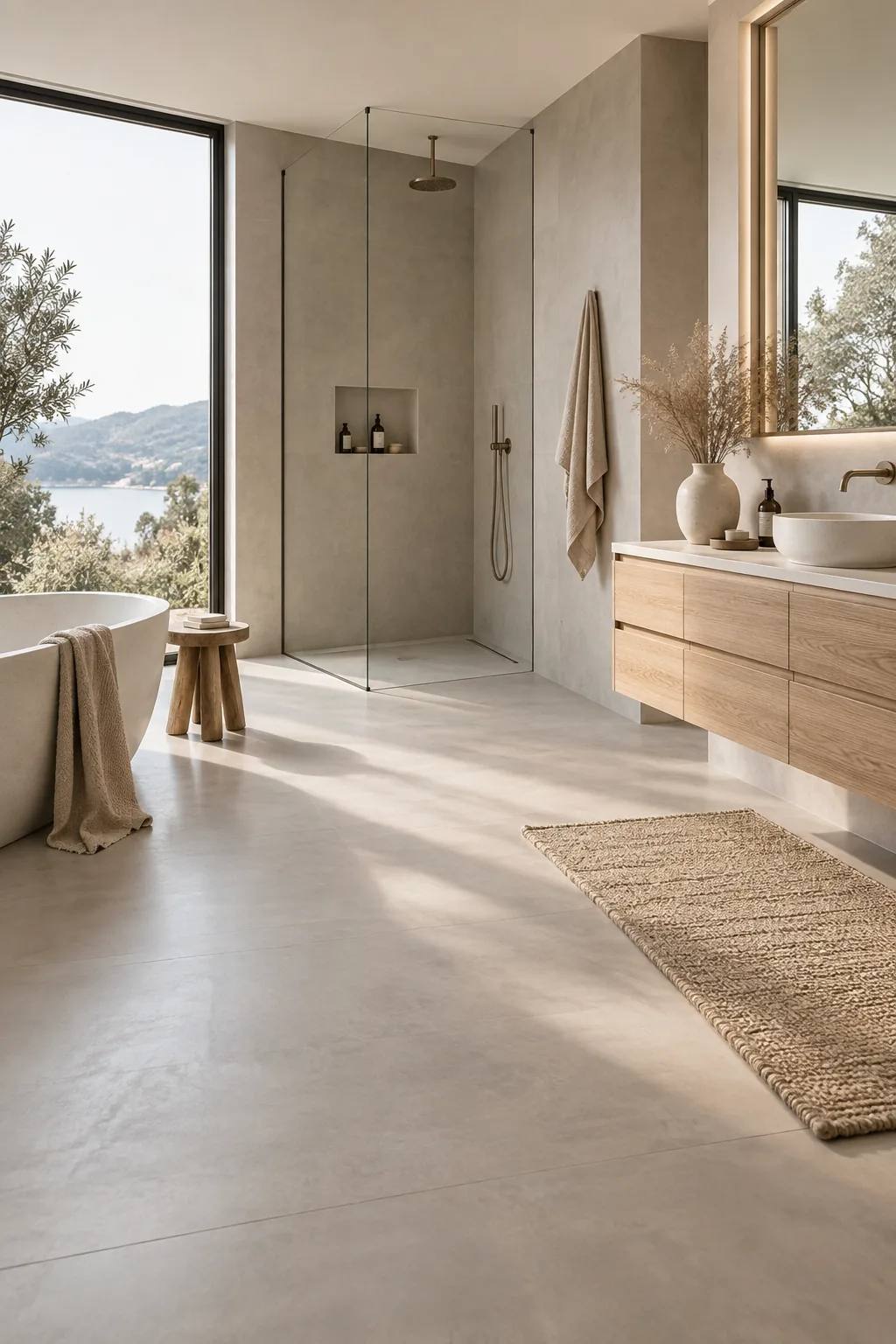 Large format porcelain slab flooring in a contemporary bathroom