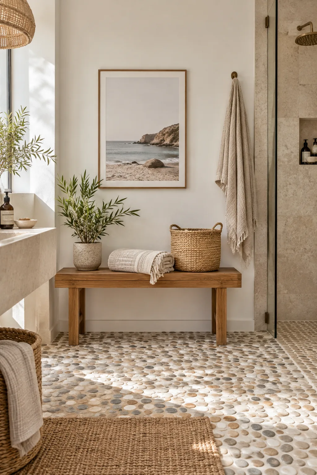 River rock pebble flooring in a coastal bathroom shower