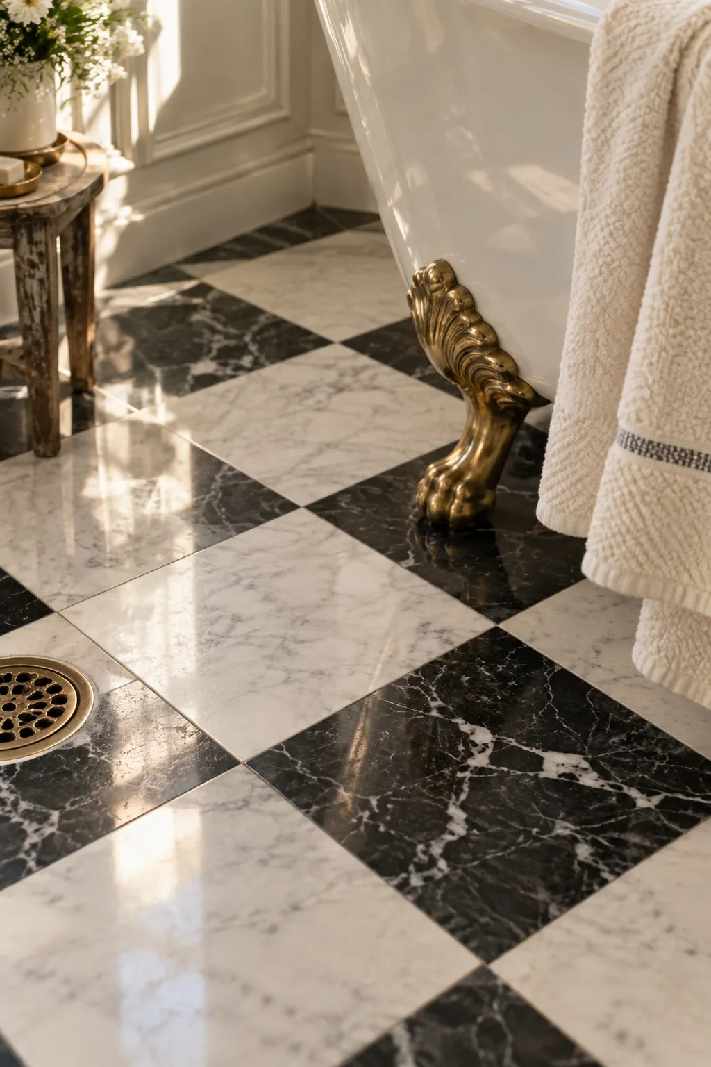 Black and white checkerboard bathroom floor