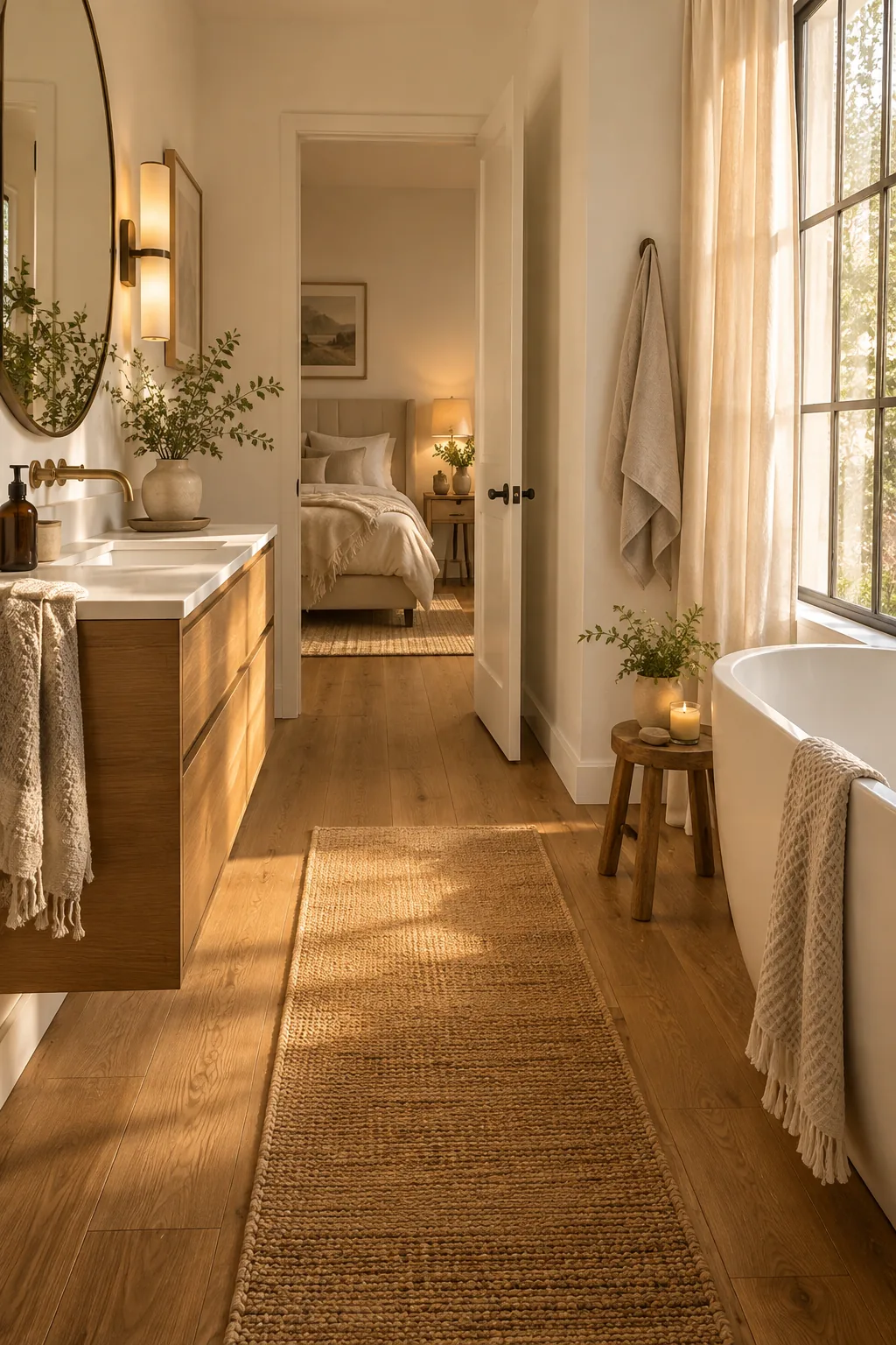 Light oak wood-look porcelain planks in a primary bathroom.