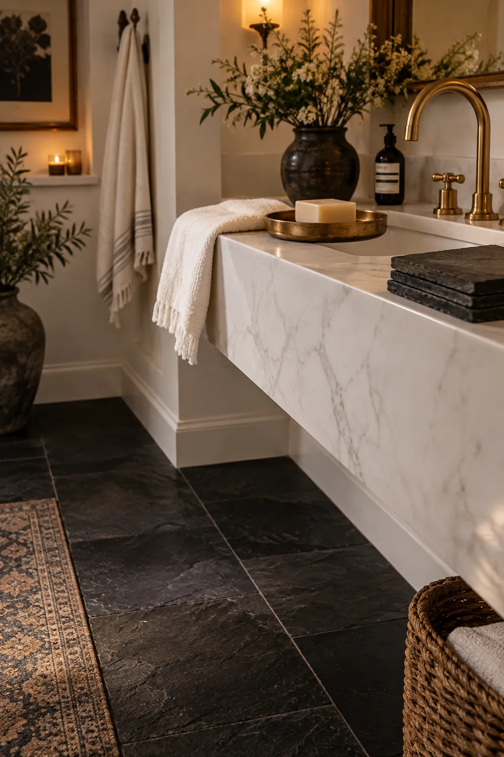 Large rectangular matte black slate tiles on a bathroom floor.