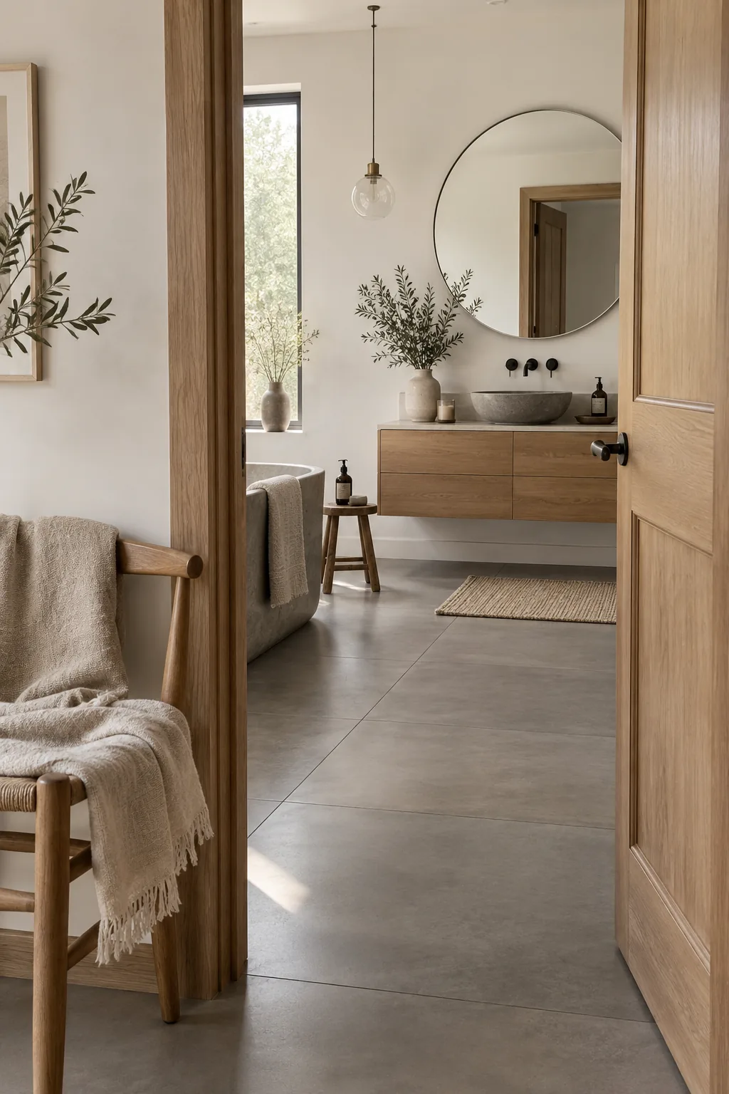 Large grey concrete tiles in a modern bathroom.