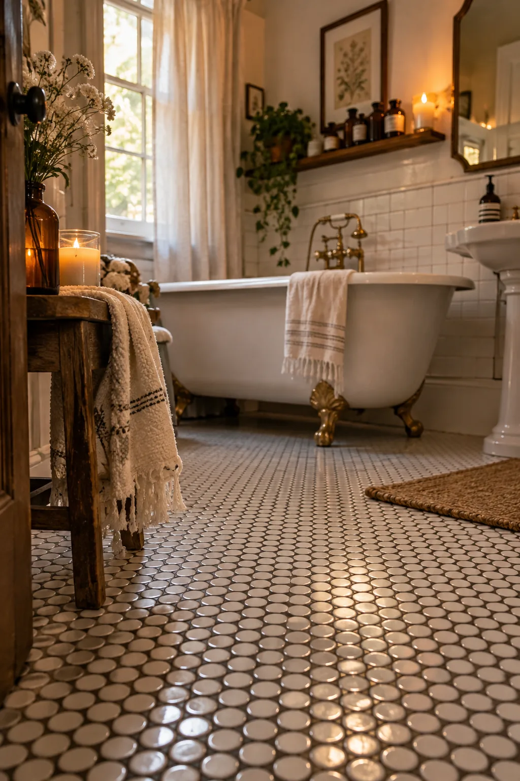 White penny round tiles with dark grey grout.