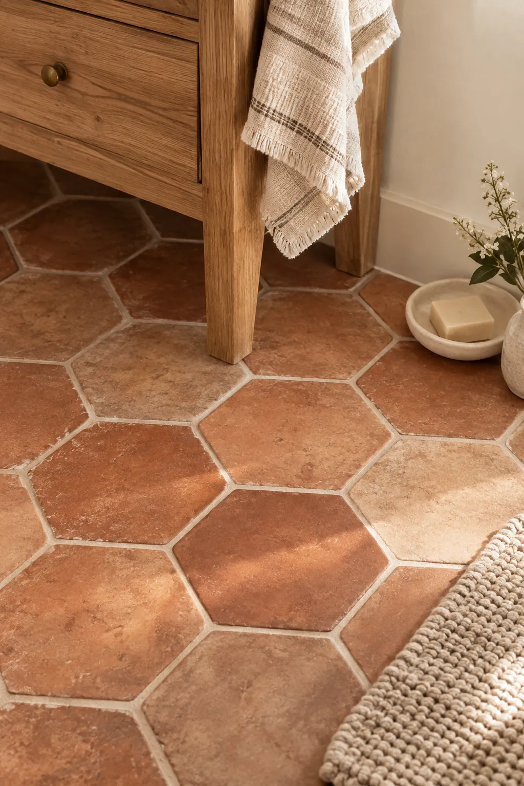 Warm terracotta hexagon tiles in a bathroom.