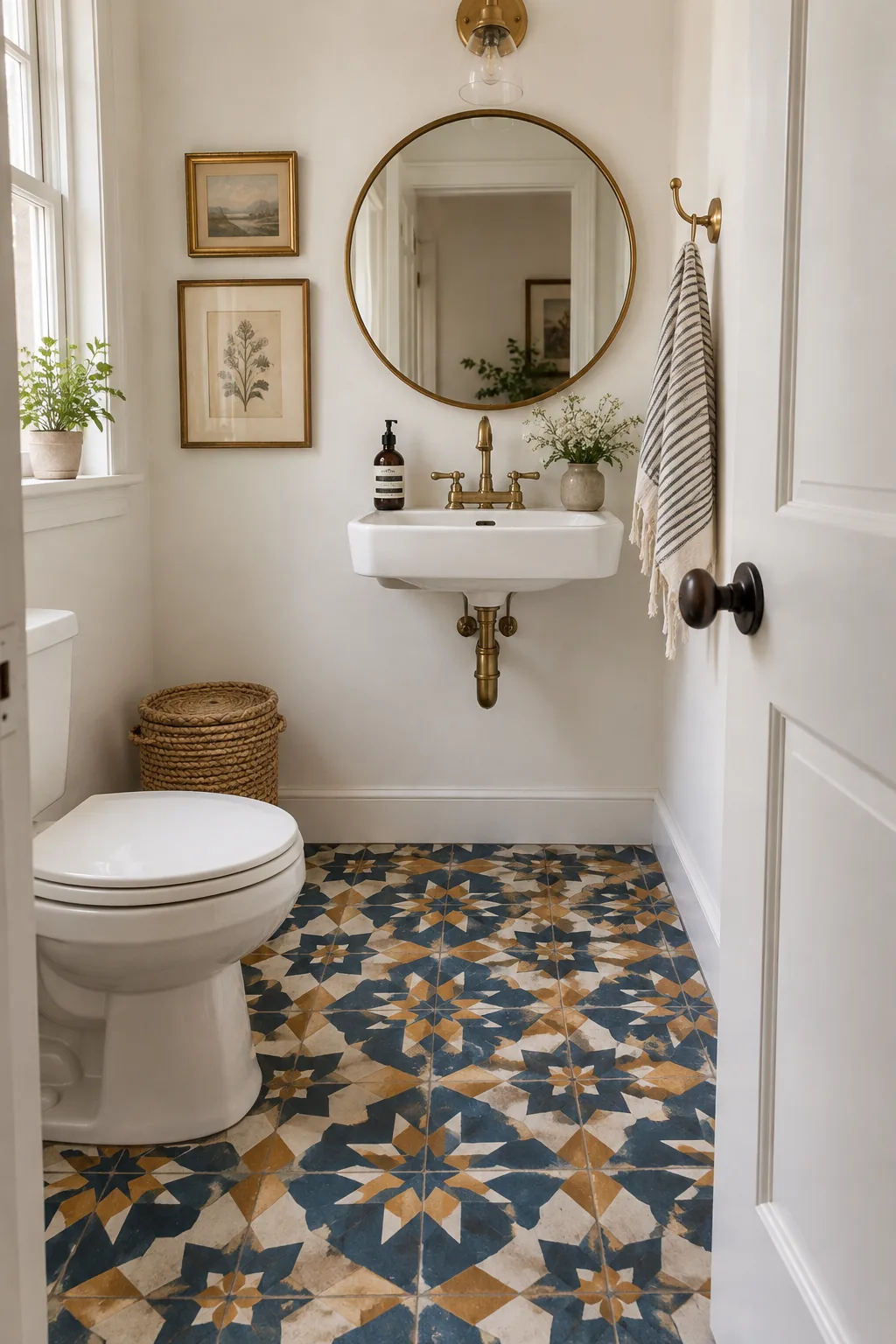 Bold geometric patterned cement tiles in a powder room.