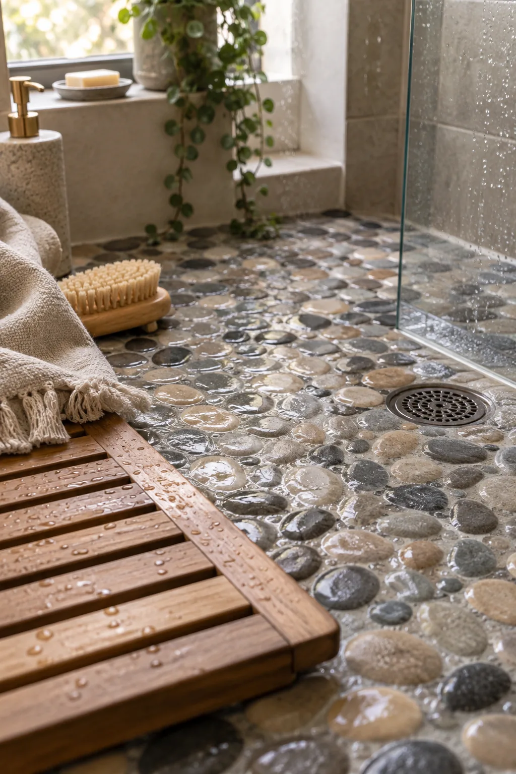 Smooth river rock pebble tiles on a shower floor.