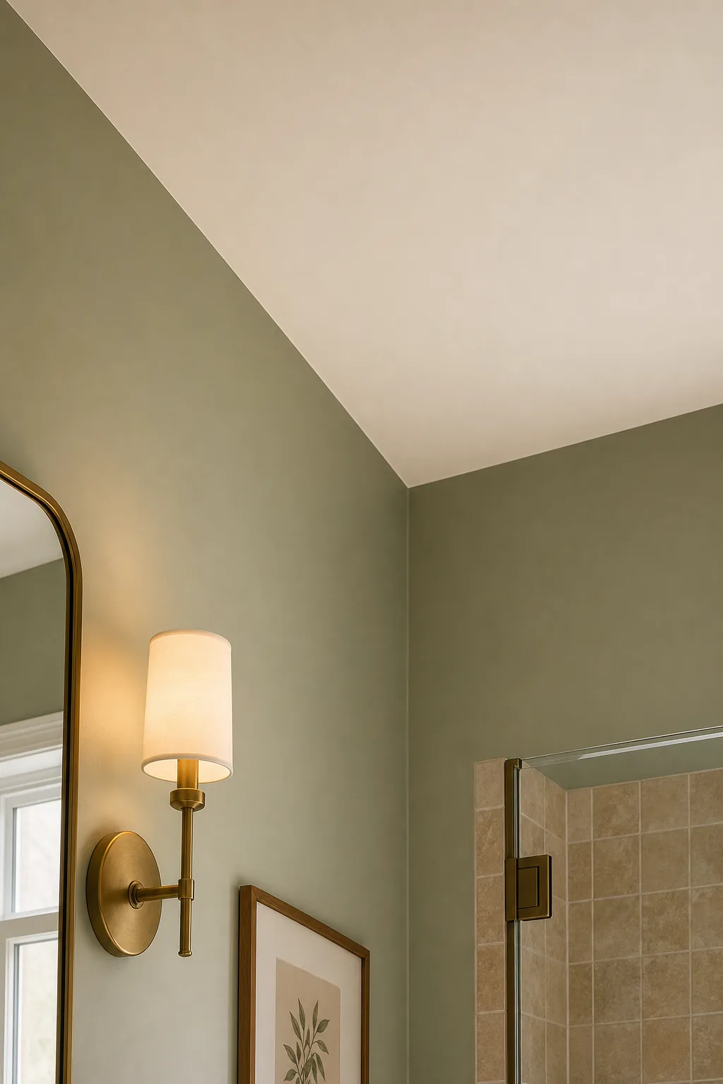 Upward view of a bathroom corner showing sage green walls meeting a warm white ceiling.