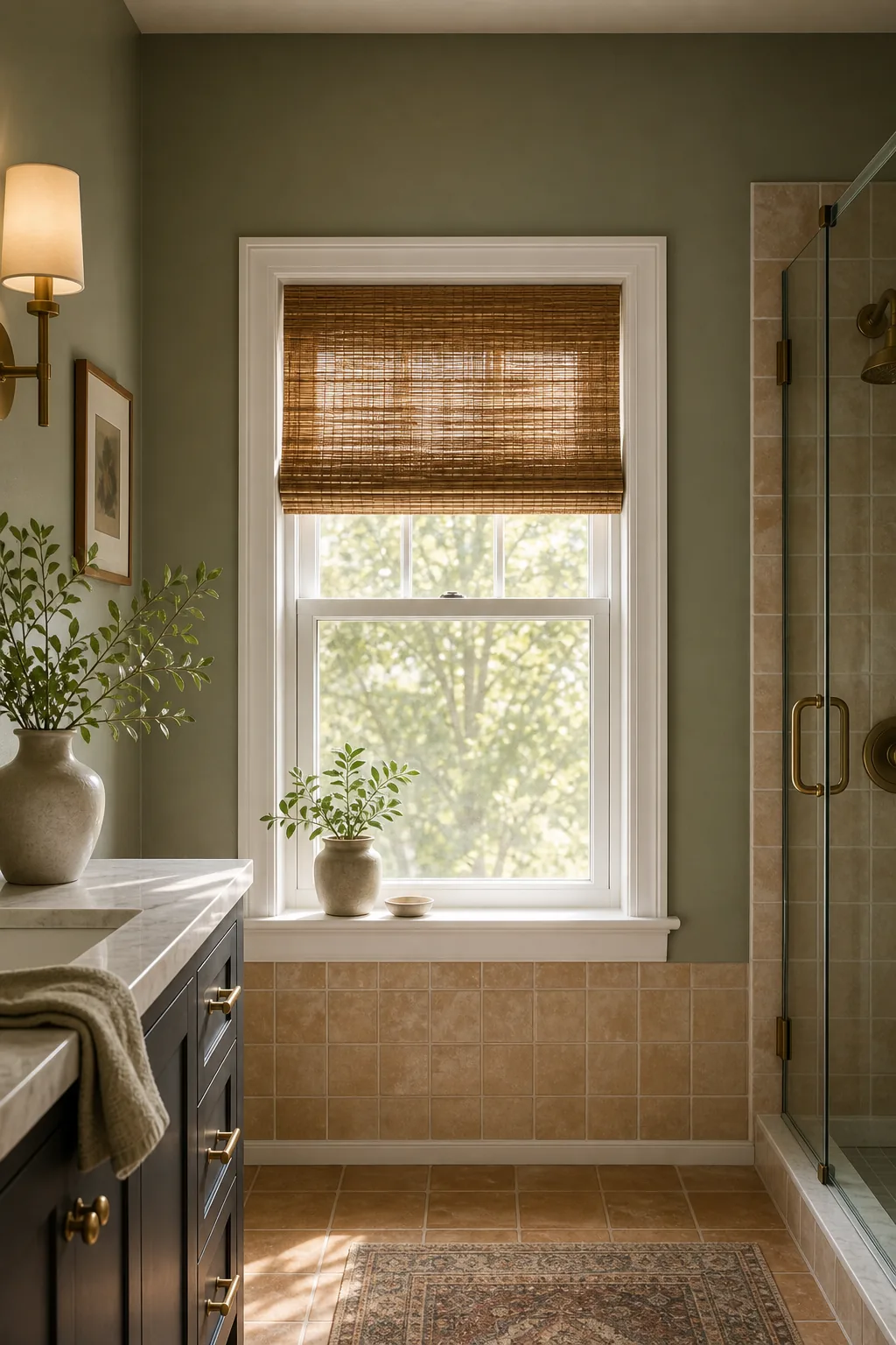 Sunlight reflecting off sage green bathroom walls next to a window with a woven shade.