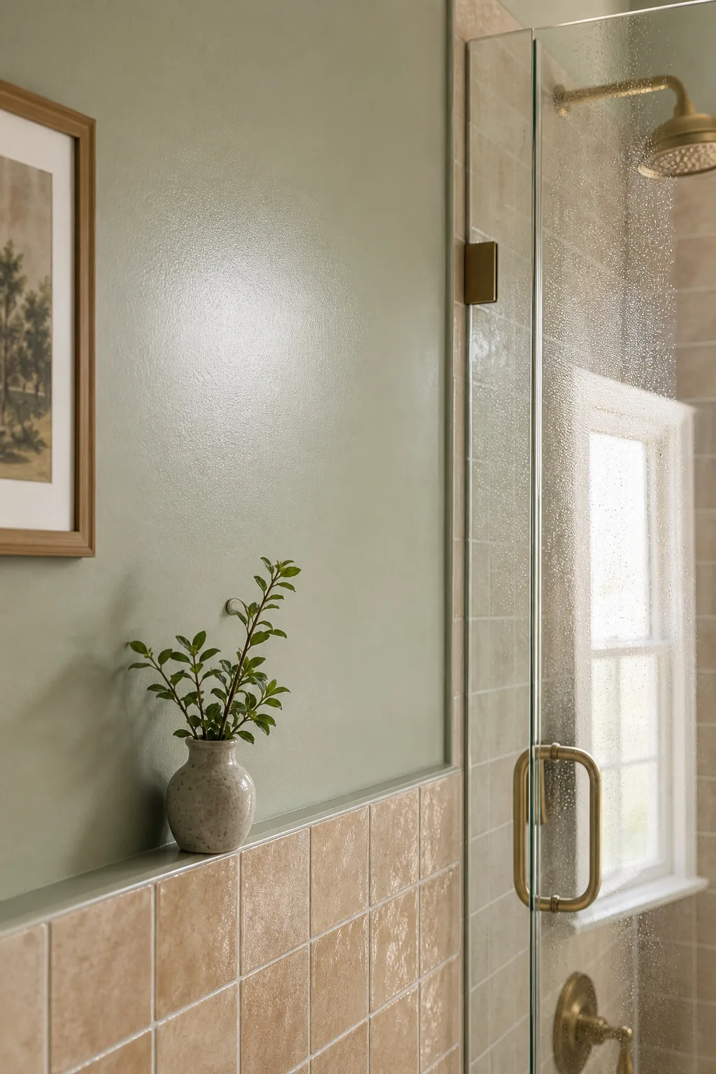 Close-up of sage green painted wall with a subtle satin sheen next to a glass shower.