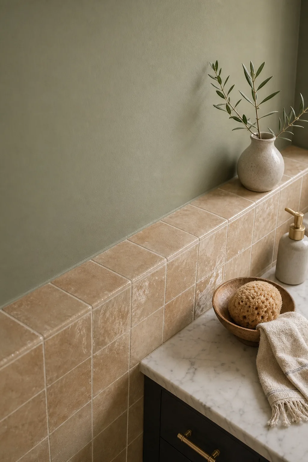 Detail shot of the transition line between smooth sage green paint and textured tan zellige tiles.