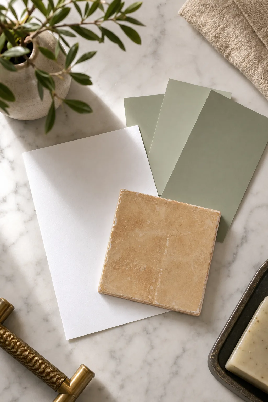 Overhead view of a tan tile, white paper, and green paint swatches on a counter.