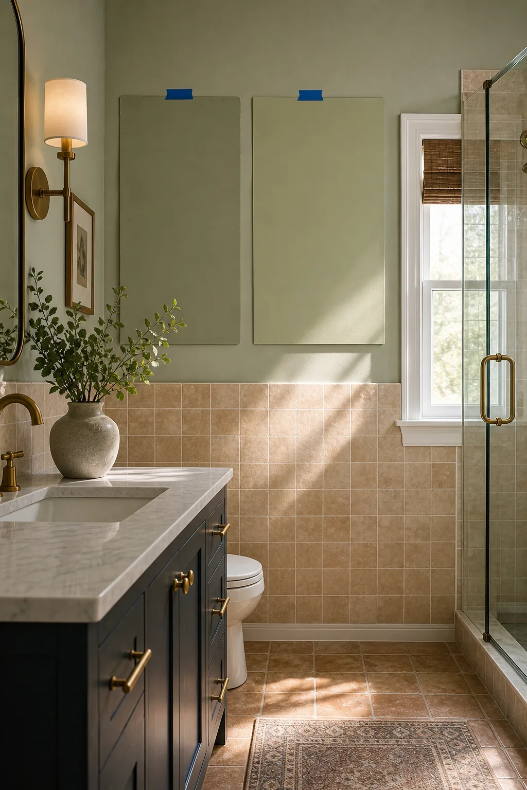 Two green paint sample boards taped to a wall above tan zellige tile.