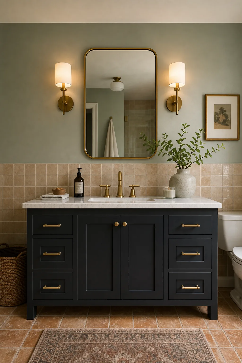Dark charcoal bathroom vanity with a white marble top against warm terracotta floor tiles.