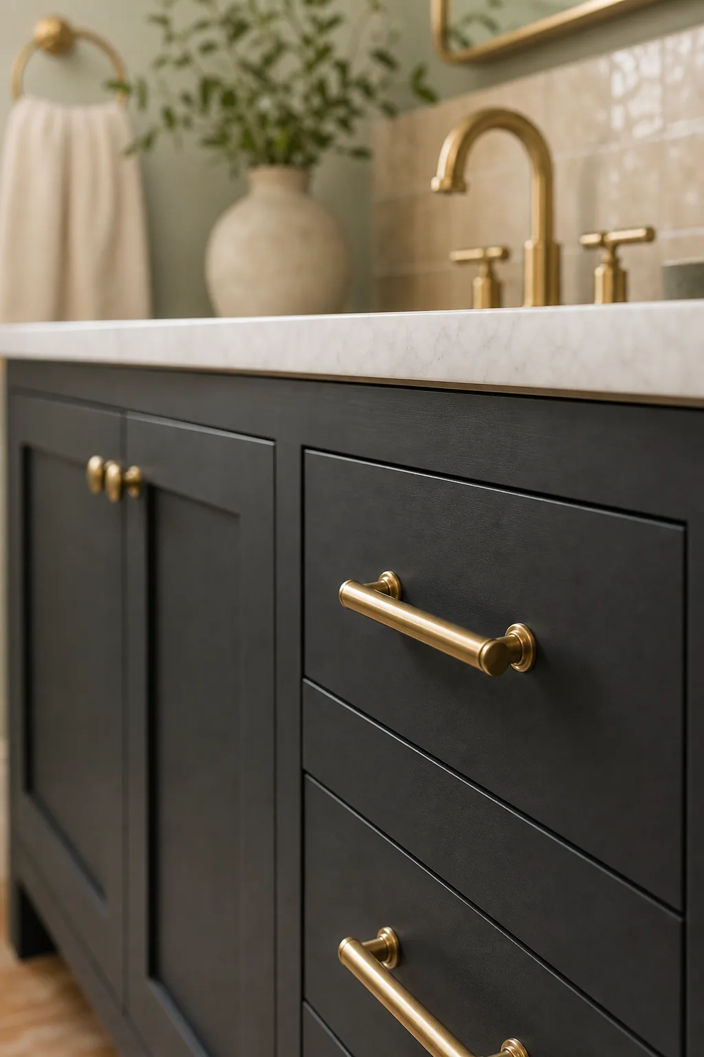 Close-up of warm brass drawer pulls on a dark charcoal bathroom vanity.