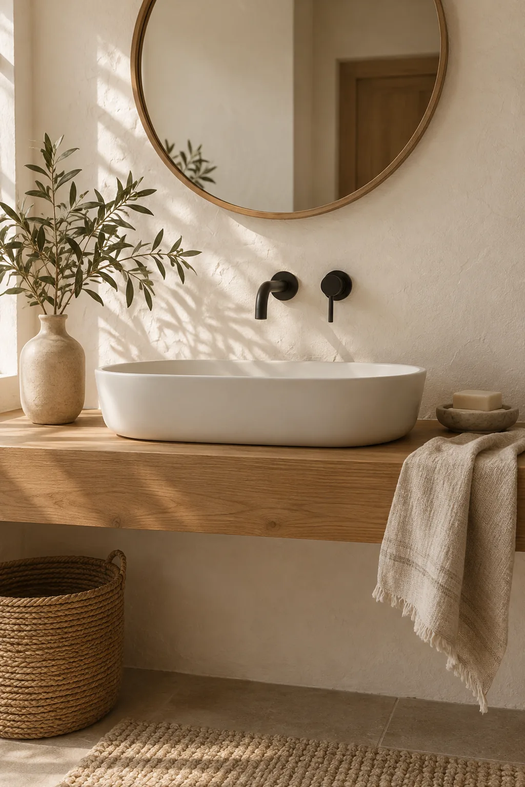 Bathroom vanity with a white basin and a brass wall-mounted faucet