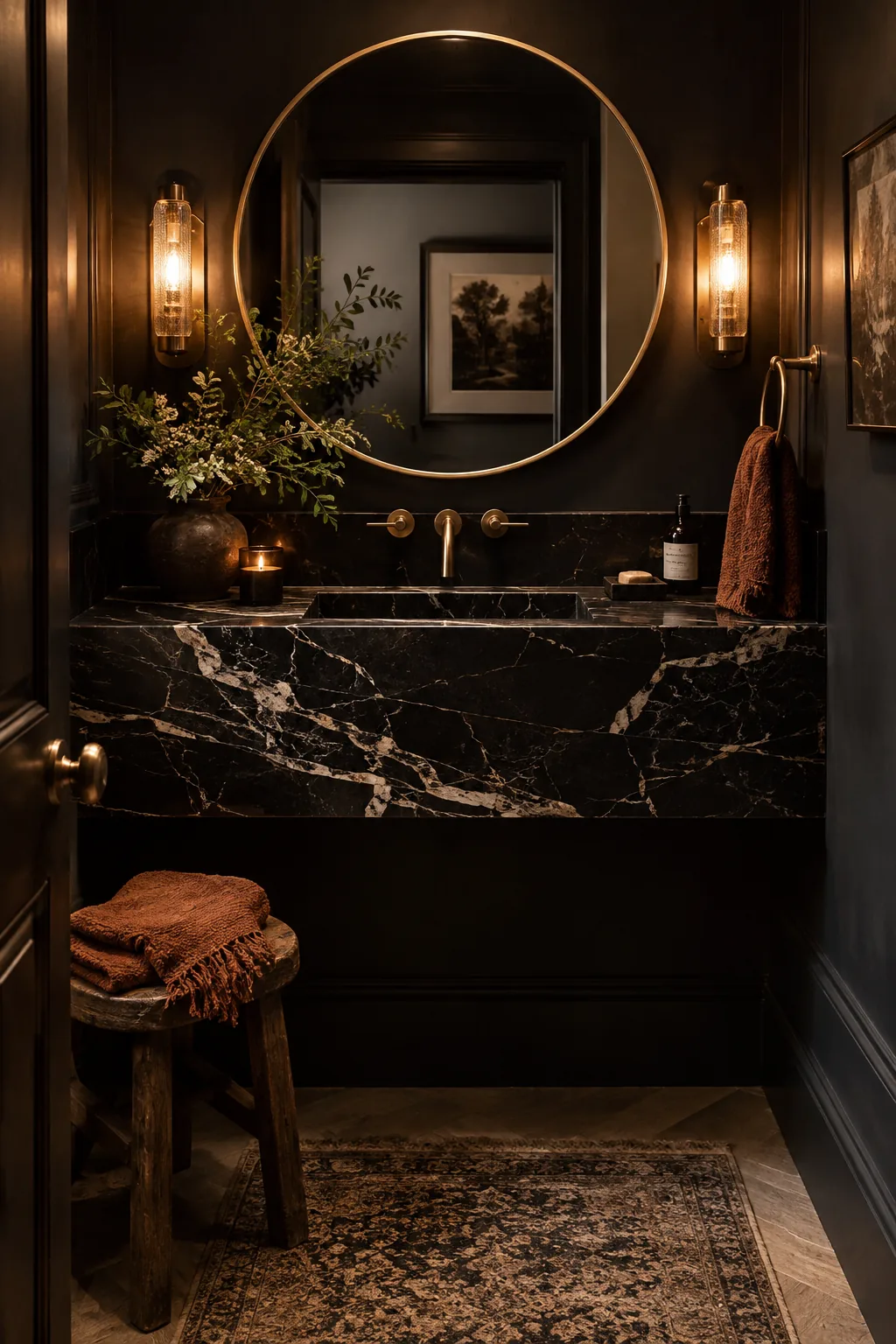 Dark marble bathroom counter with a seamless integrated sink basin