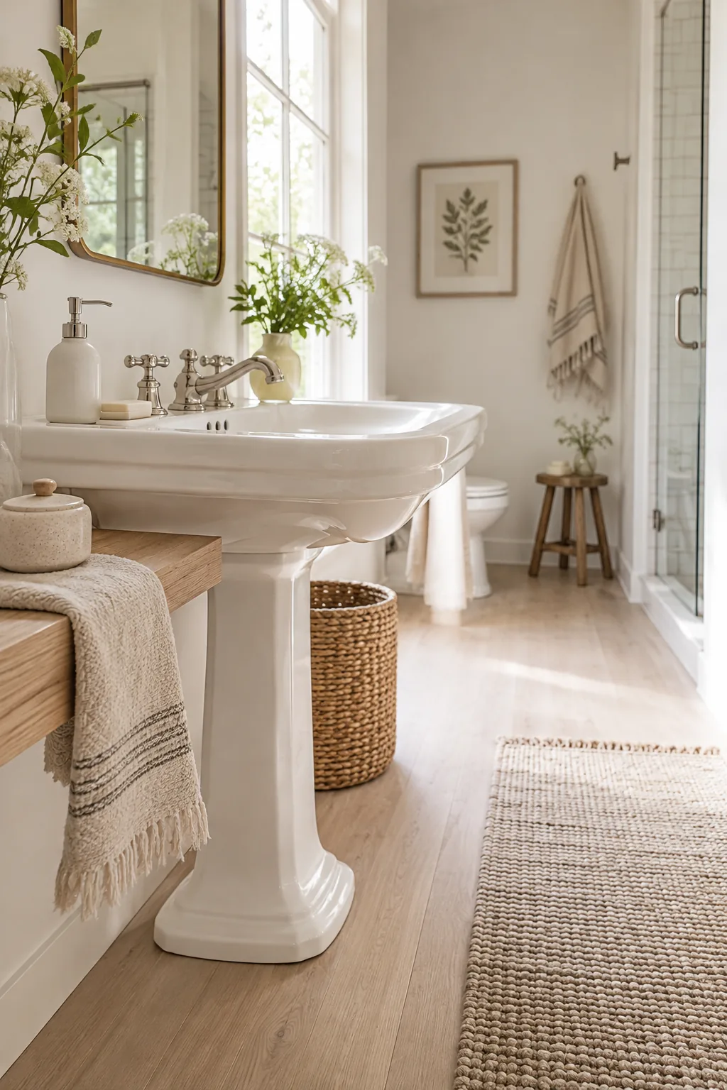 Classic white pedestal sink with polished nickel cross handles