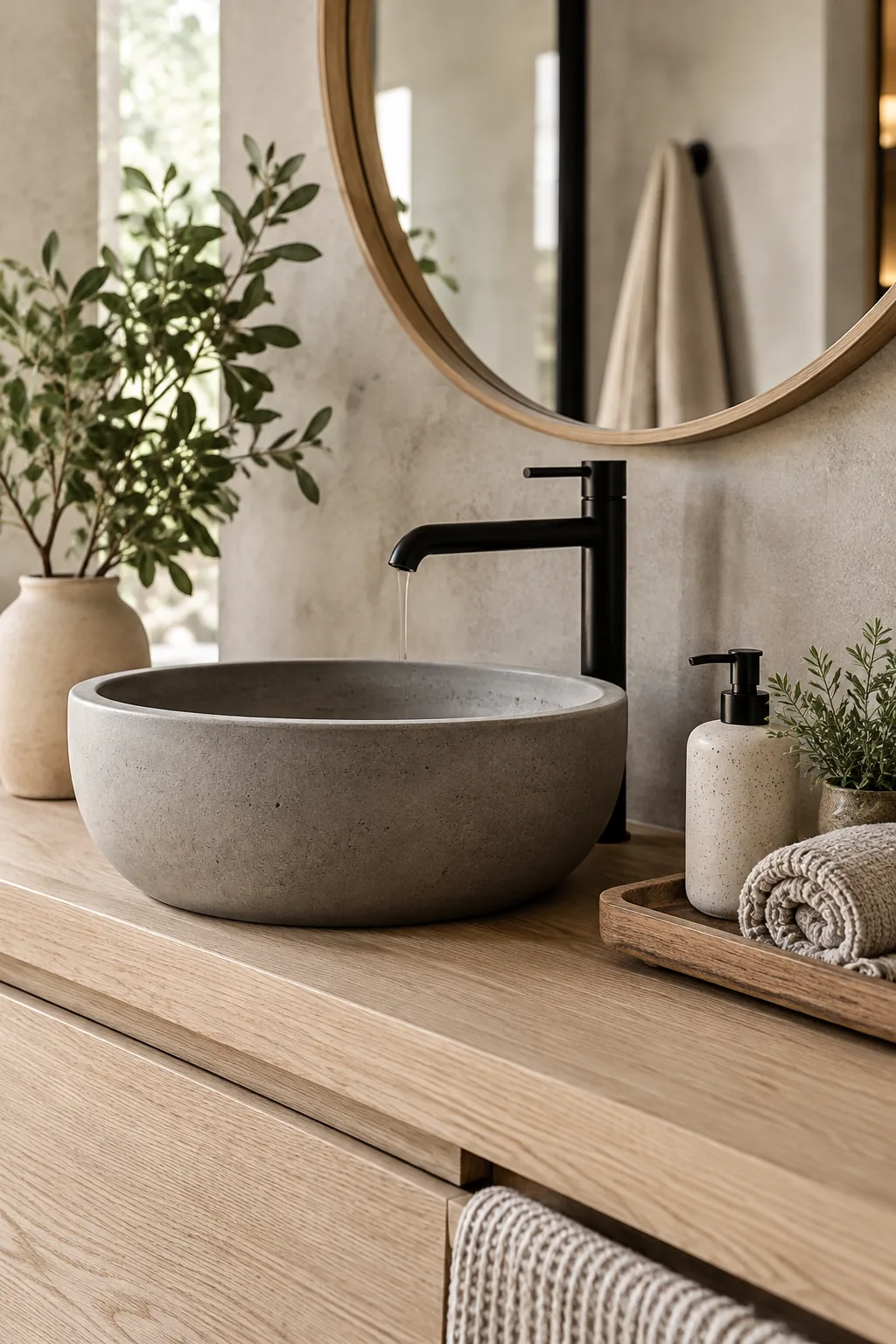 Grey concrete vessel sink sitting on a warm wood vanity