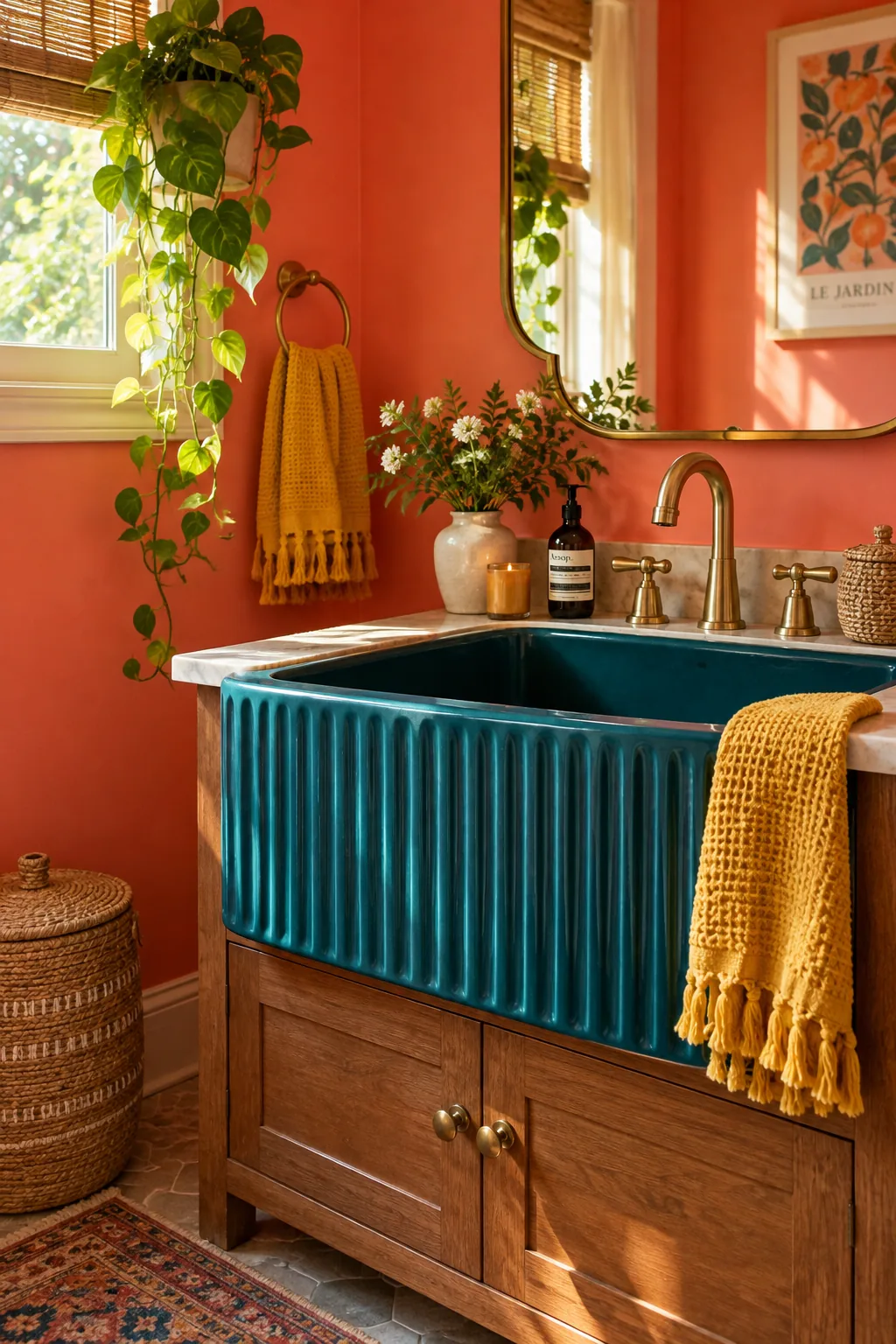 White bathroom sink with a ribbed fluted apron front