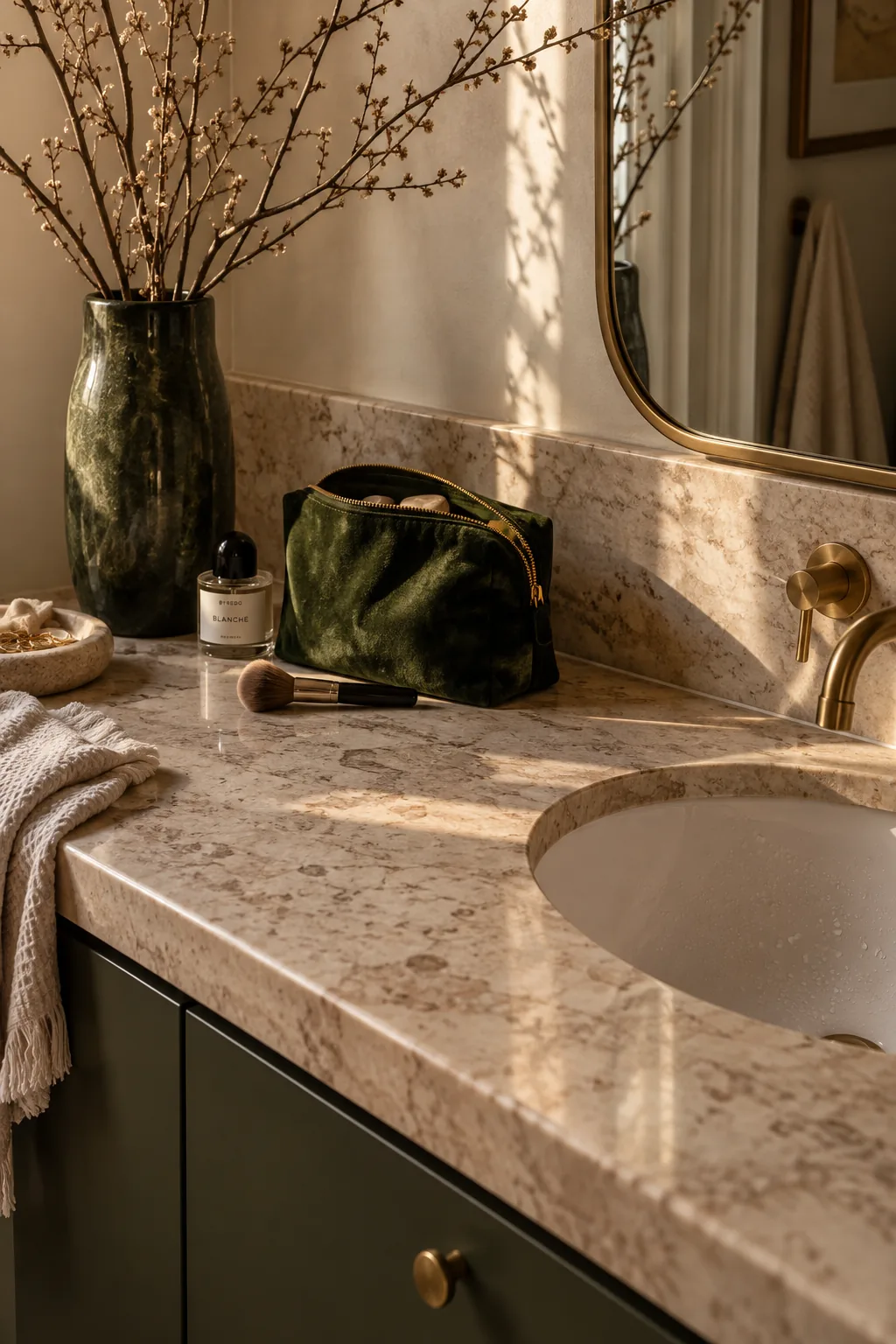 Long bathroom vanity with an oval undermount sink placed on the far left side