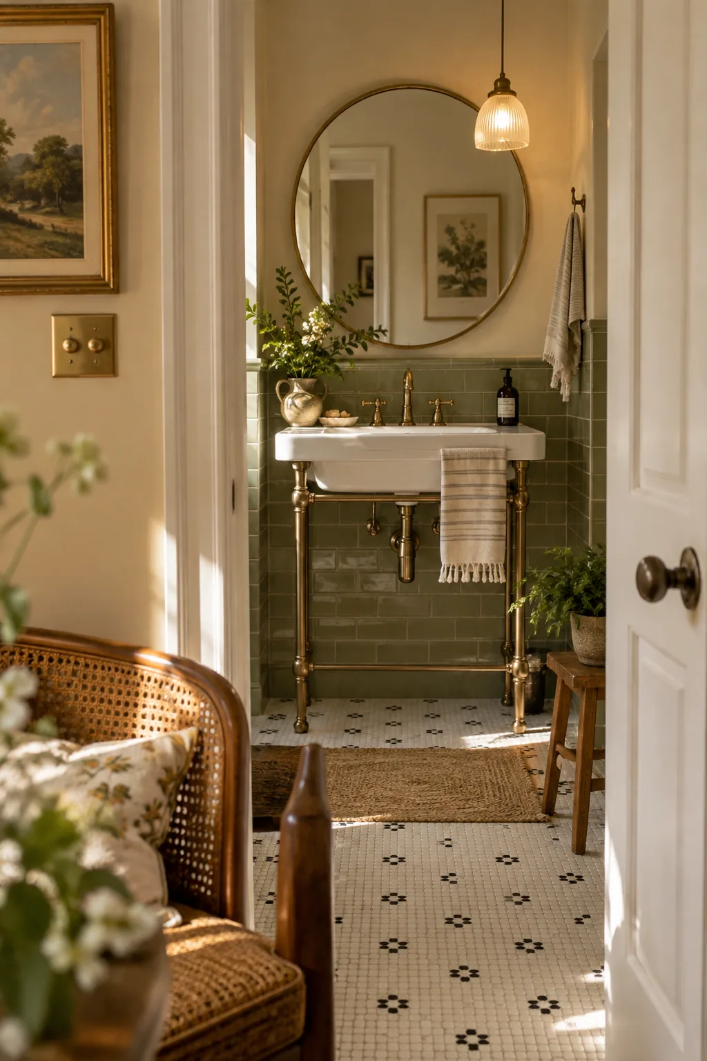White ceramic sink basin sitting on an open brass console stand