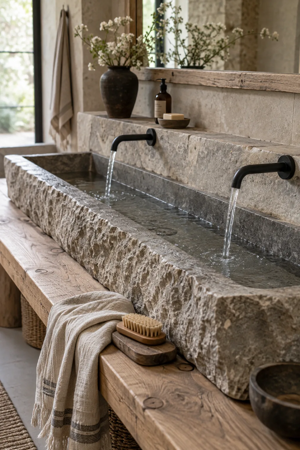 Long carved stone trough sink with two brass faucets