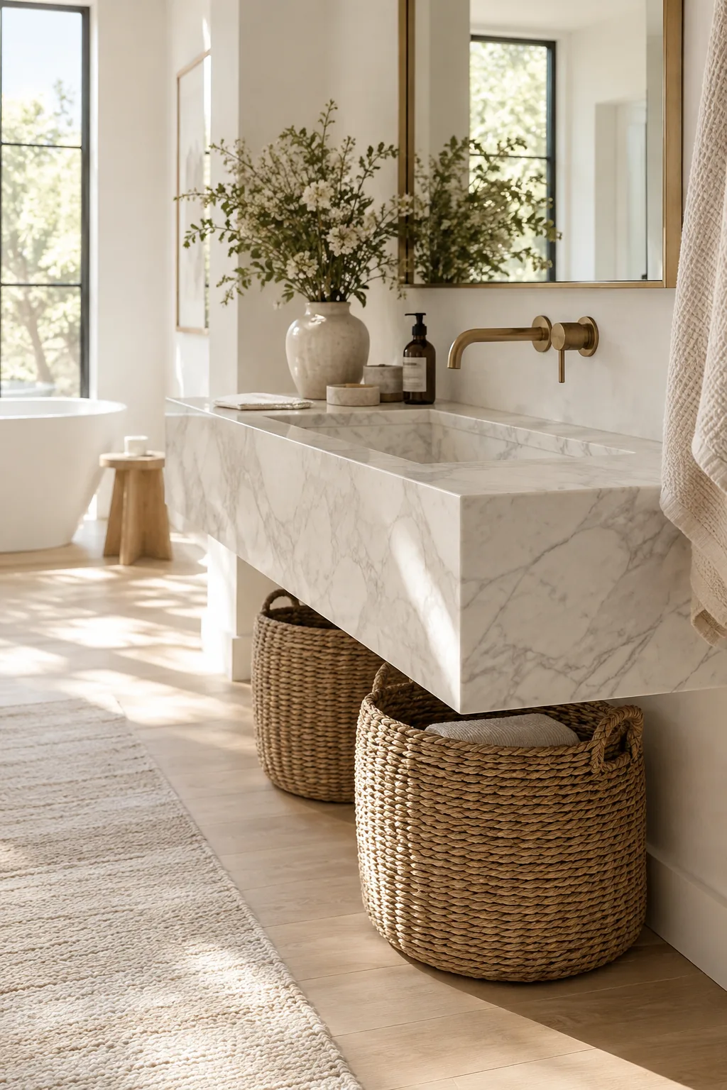 Thick marble slab sink floating against a plaster wall
