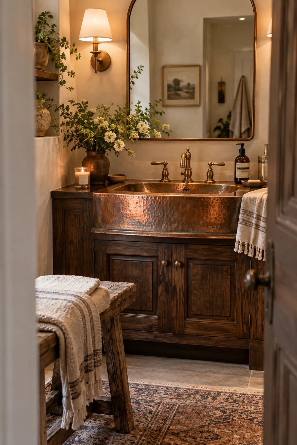 Hammered copper drop-in sink on a dark wood vanity