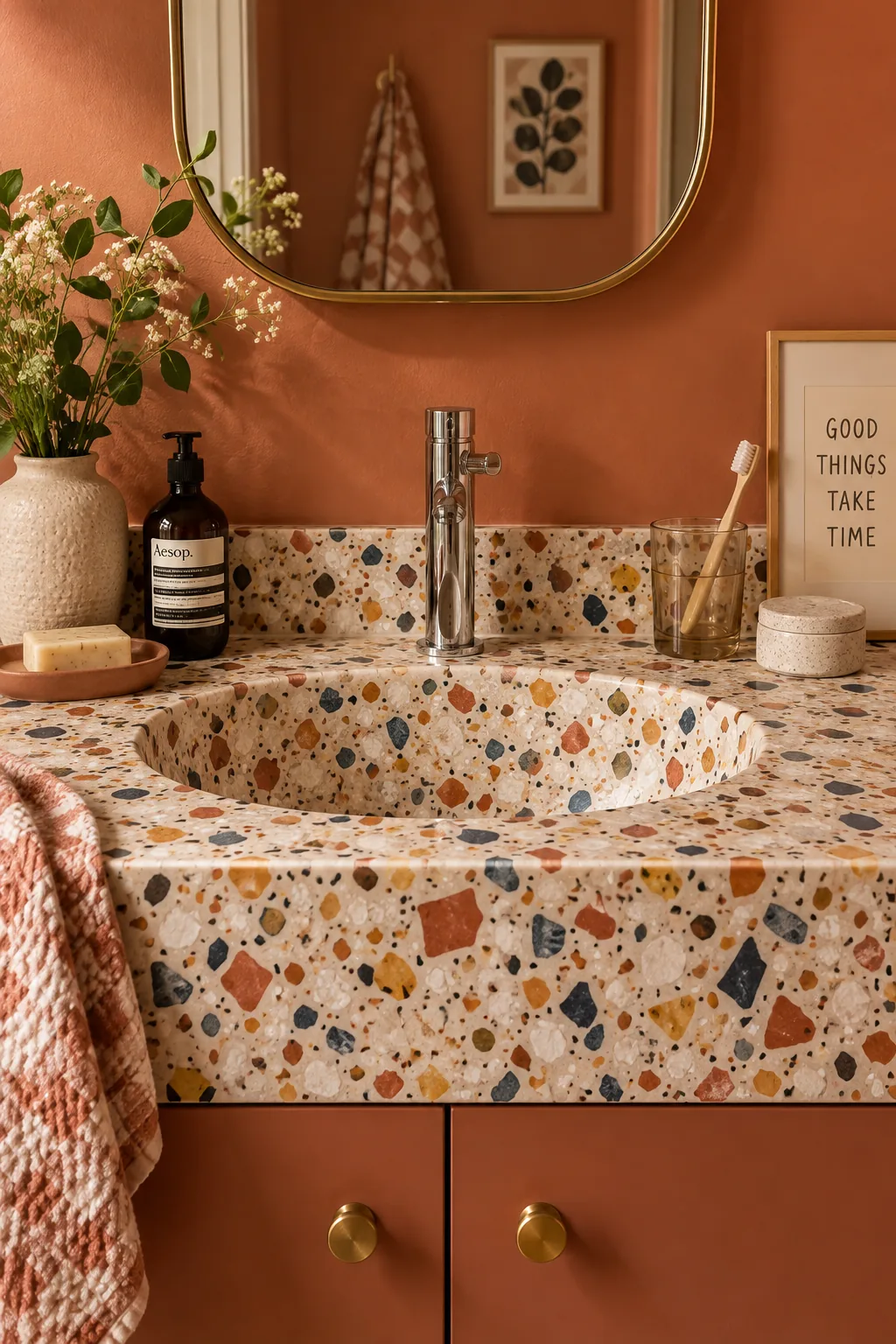 Colorful terrazzo basin sink sitting on a white counter