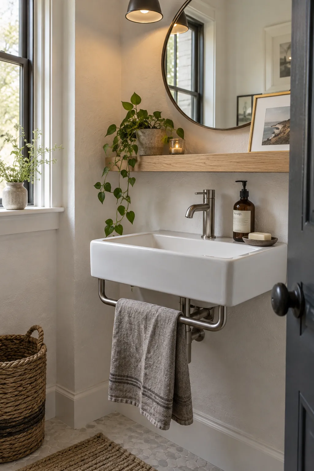 White wall-hung sink with a matte black towel bar attached underneath