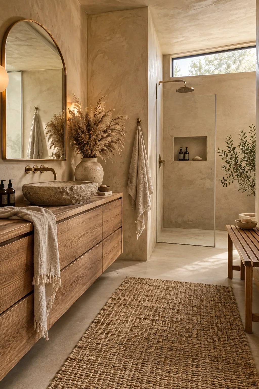 A bathroom featuring a light oak vanity and unlacquered brass fixtures against textured plaster walls