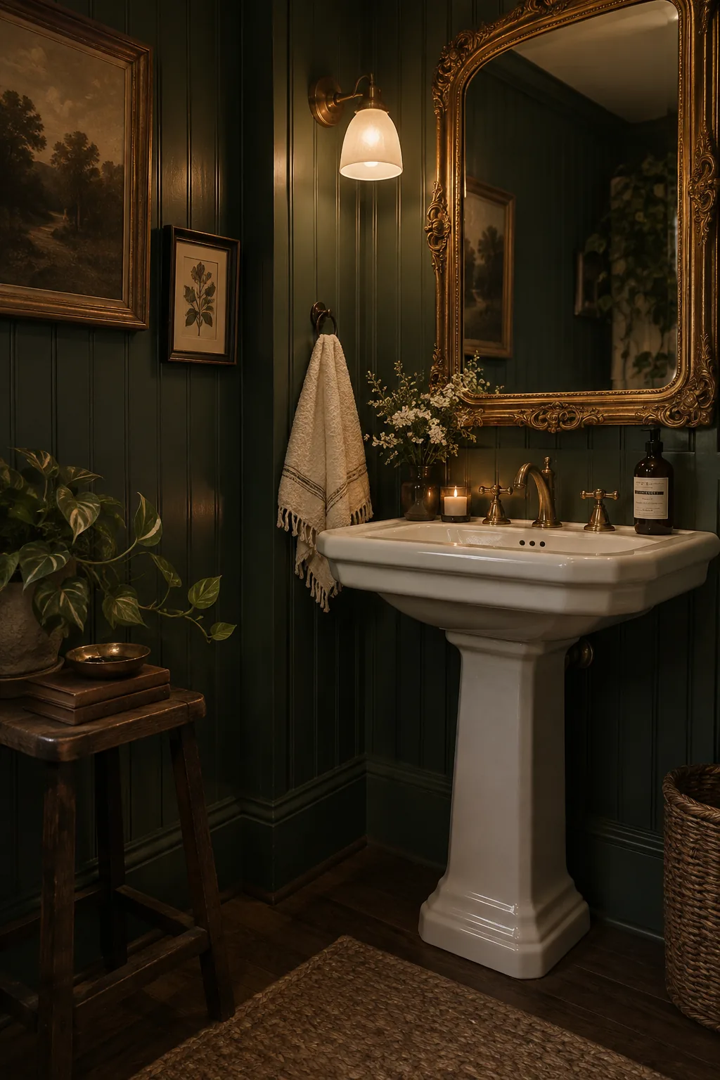 A small bathroom with dark green beadboard walls and a vintage gold mirror