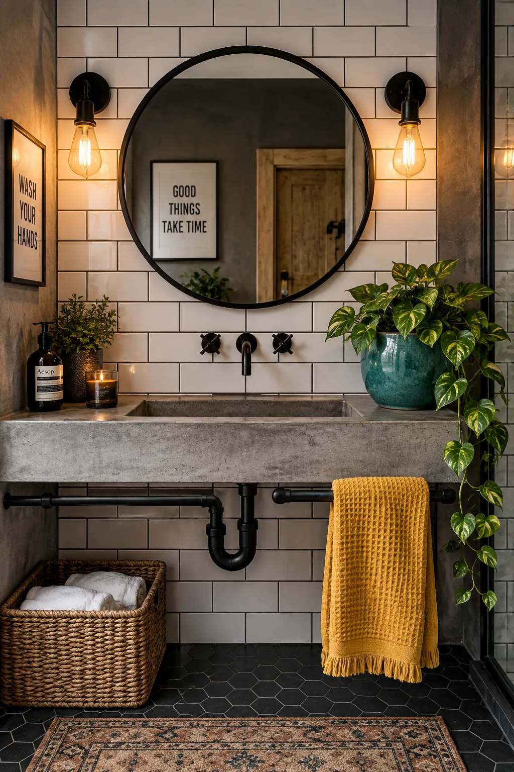 A bathroom with white subway tile, dark charcoal grout, and matte black sconces