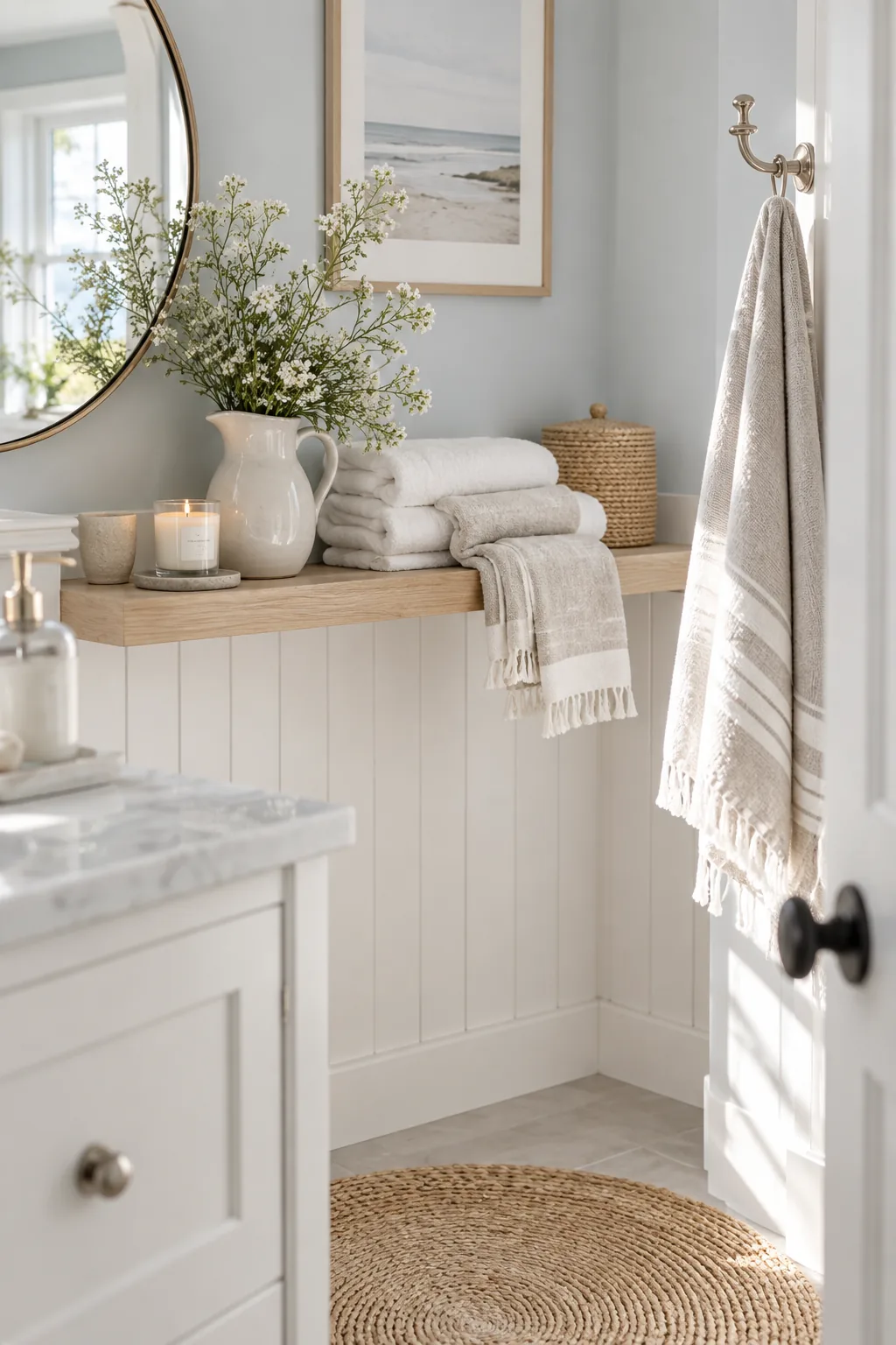 A coastal bathroom with vertical white shiplap, a jute rug, and light oak shelves