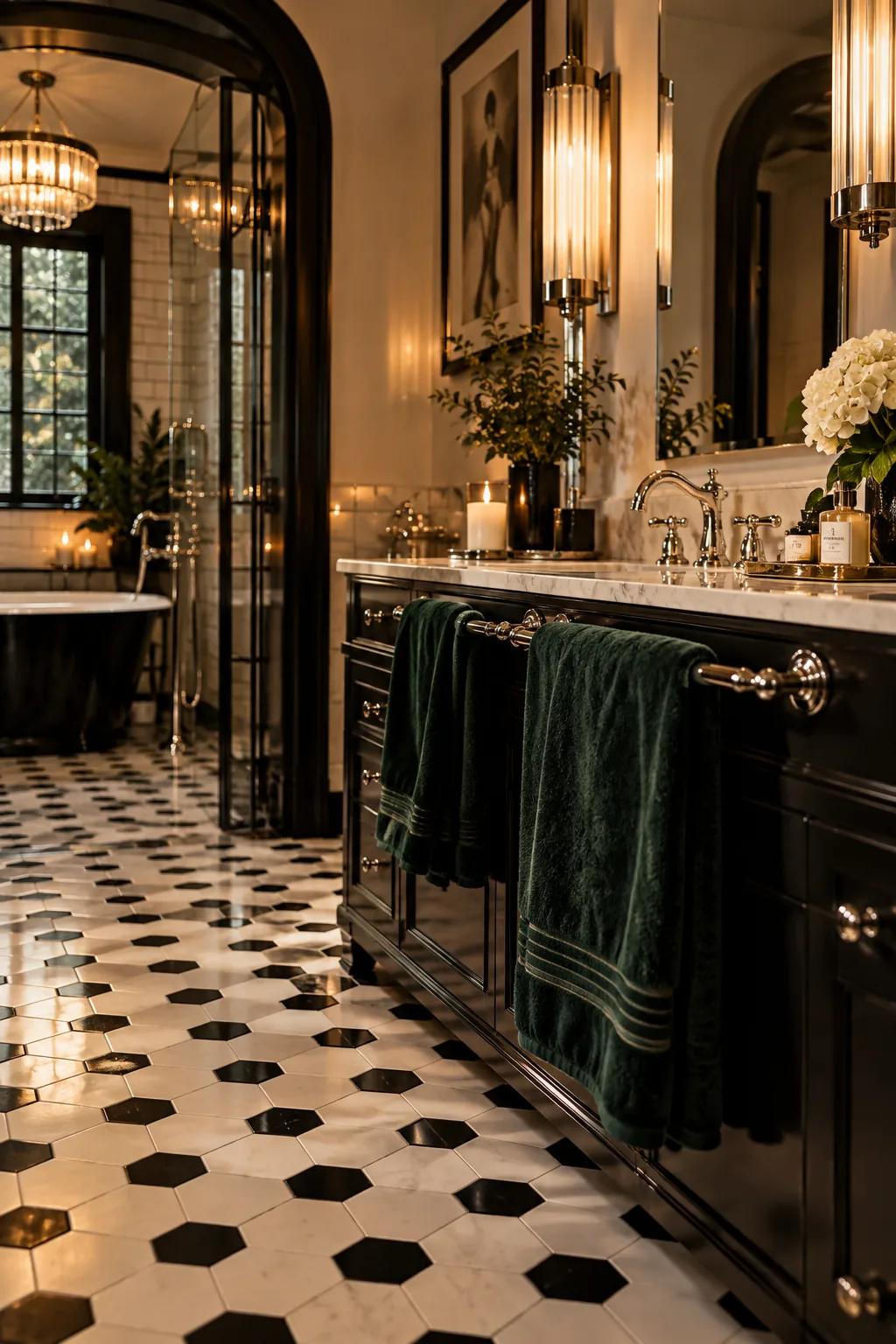 A bathroom floor featuring black and white geometric hexagon tiles with chrome fixtures