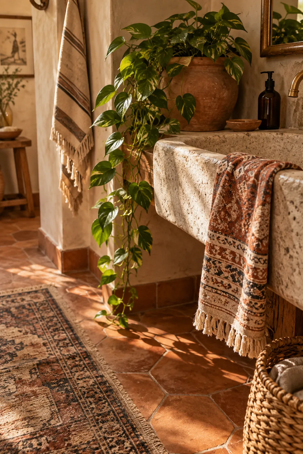 A boho bathroom with terracotta floor tiles, hanging pothos plants, and a vintage runner
