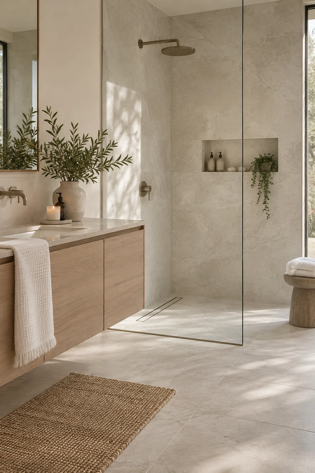 A minimalist bathroom with continuous large-format gray tile and a floating vanity