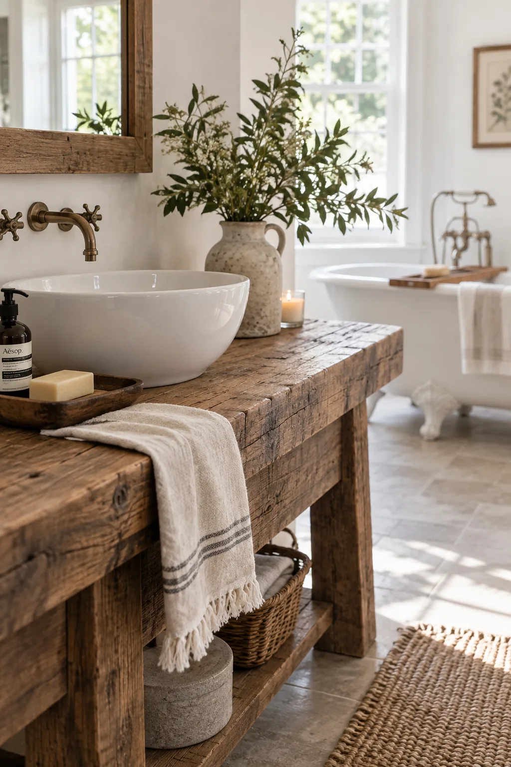 A modern farmhouse bathroom with a reclaimed wood vanity and a white clawfoot tub