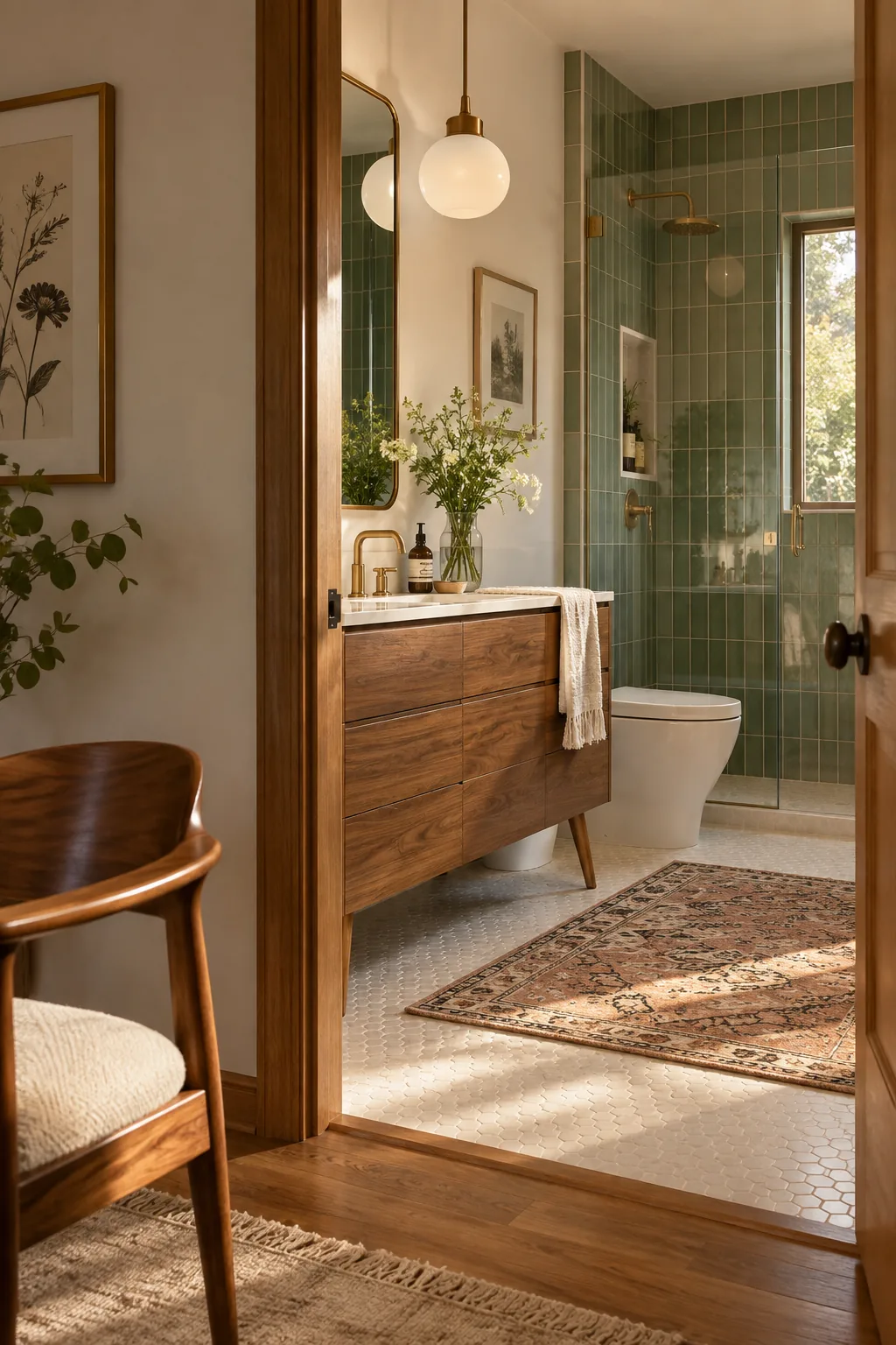 A mid-century modern bathroom with a walnut vanity and vertically stacked green ceramic tiles