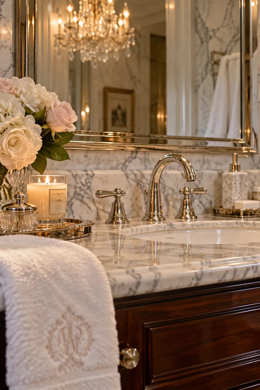 A luxurious bathroom wrapped in Carrara marble with a polished mahogany vanity