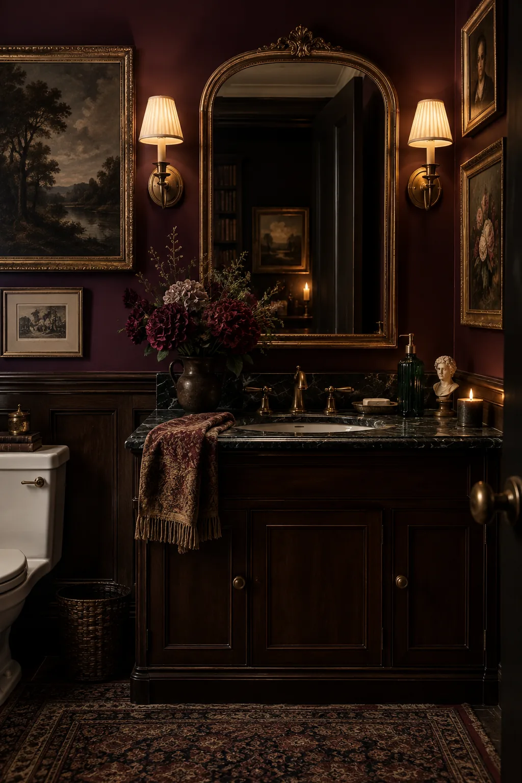 A dark academia bathroom with navy walls, mahogany wainscoting, and vintage gold frames