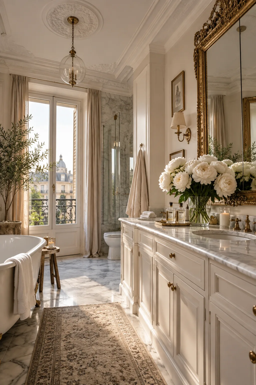 A Parisian chic bathroom with thick crown molding and an oversized gilded mirror