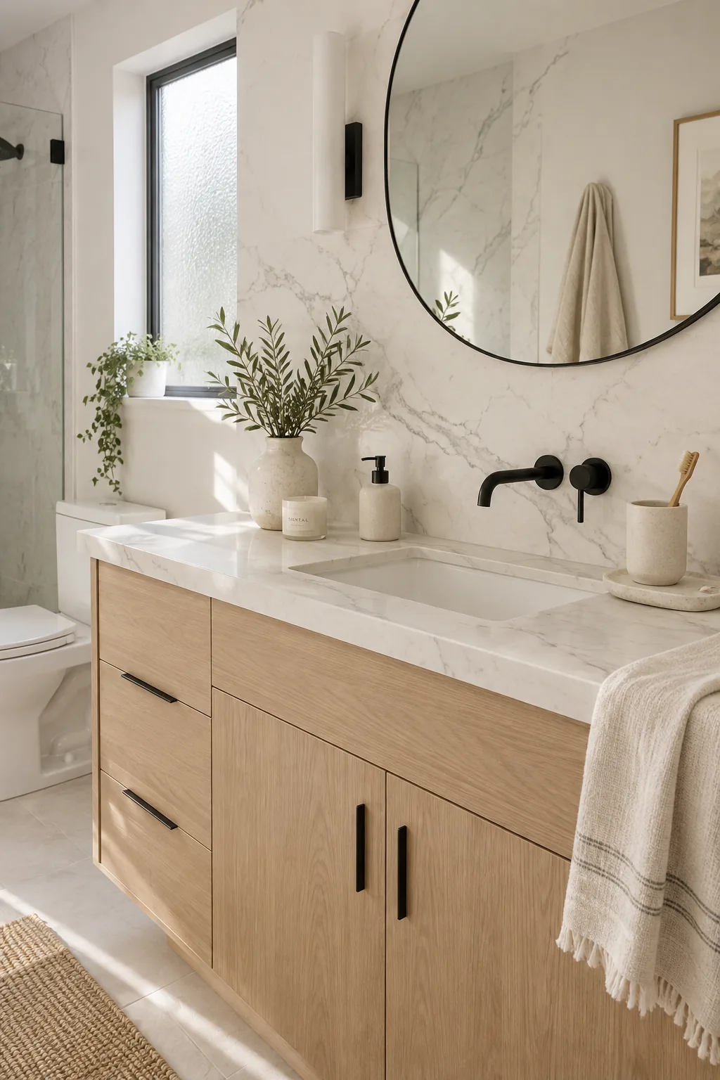 White bathroom vanity with a seamless quartz countertop and matching slab backsplash