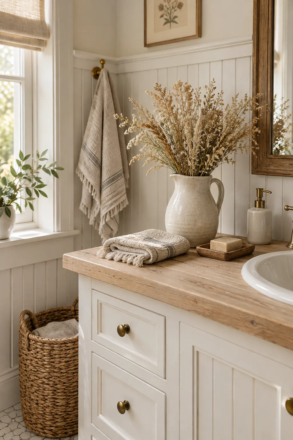 Light green beadboard paneling installed behind a white pedestal sink