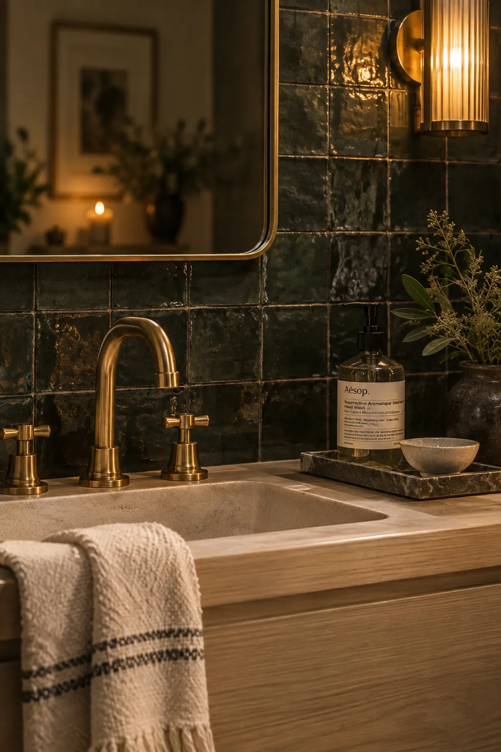 Dark green glossy zellige tiles behind a light oak bathroom vanity