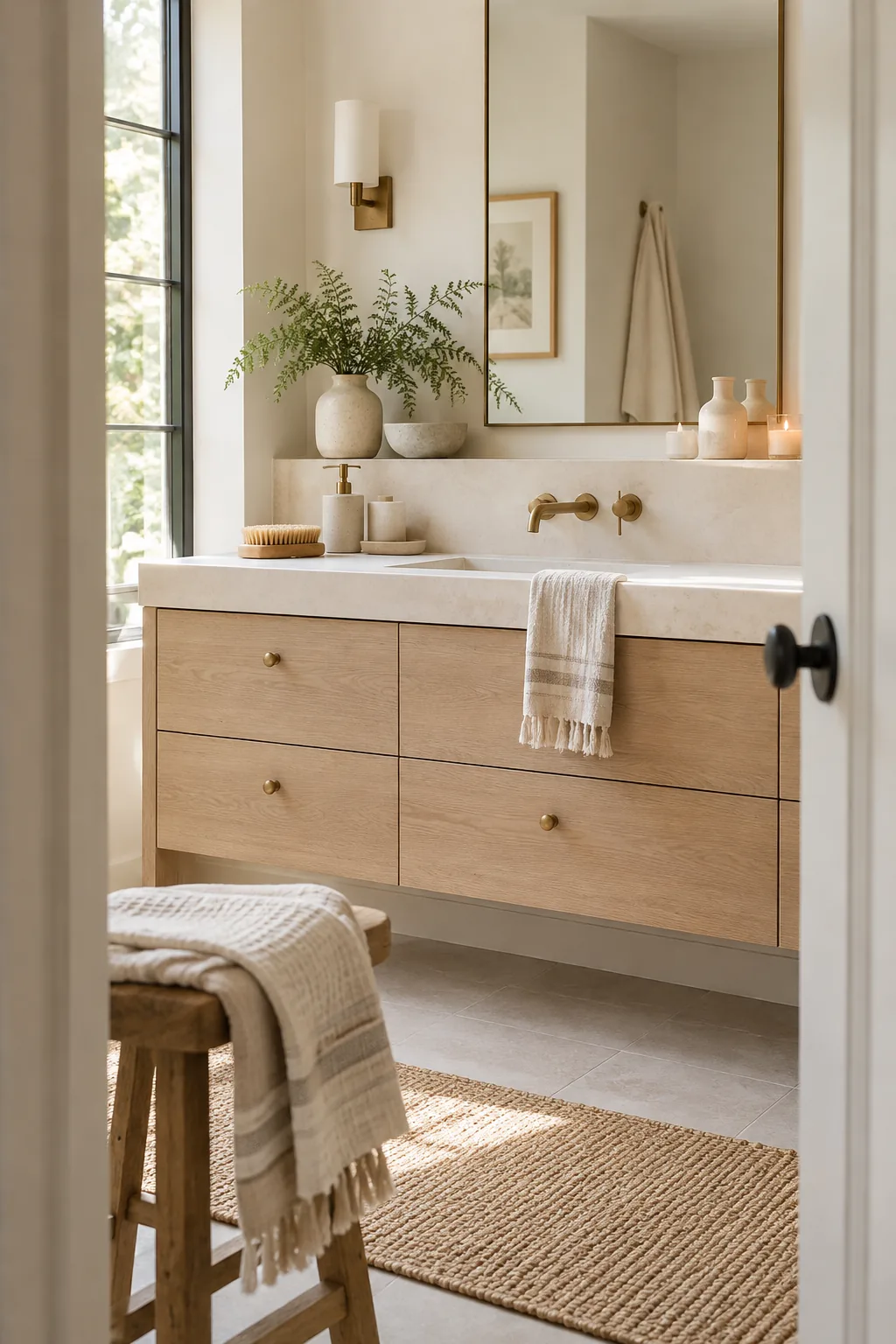 Tall marble vanity backsplash with a built-in top ledge holding soap and a plant