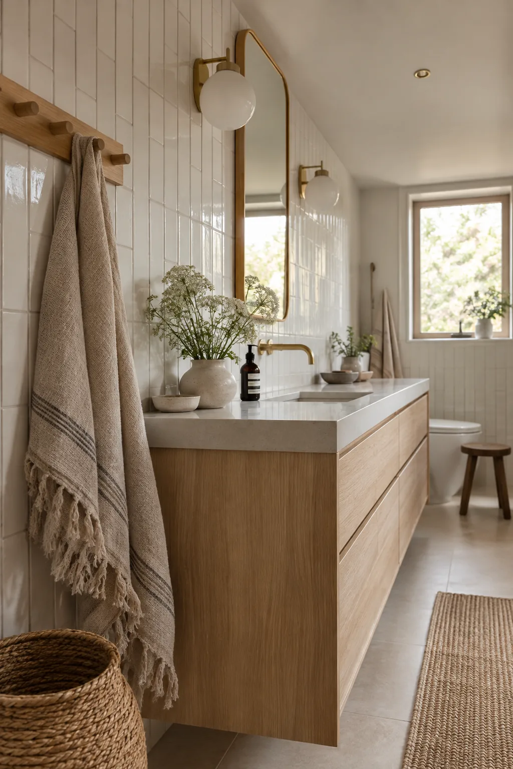 White subway tiles installed vertically with dark grout behind a bathroom sink