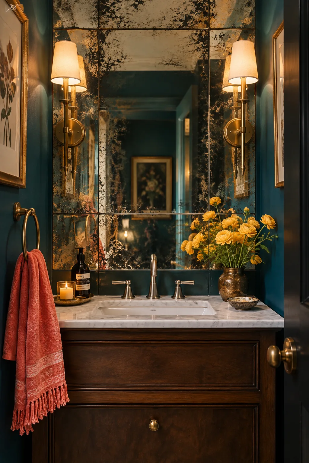 Vintage antiqued mirror tiles used as a backsplash in a dark powder room