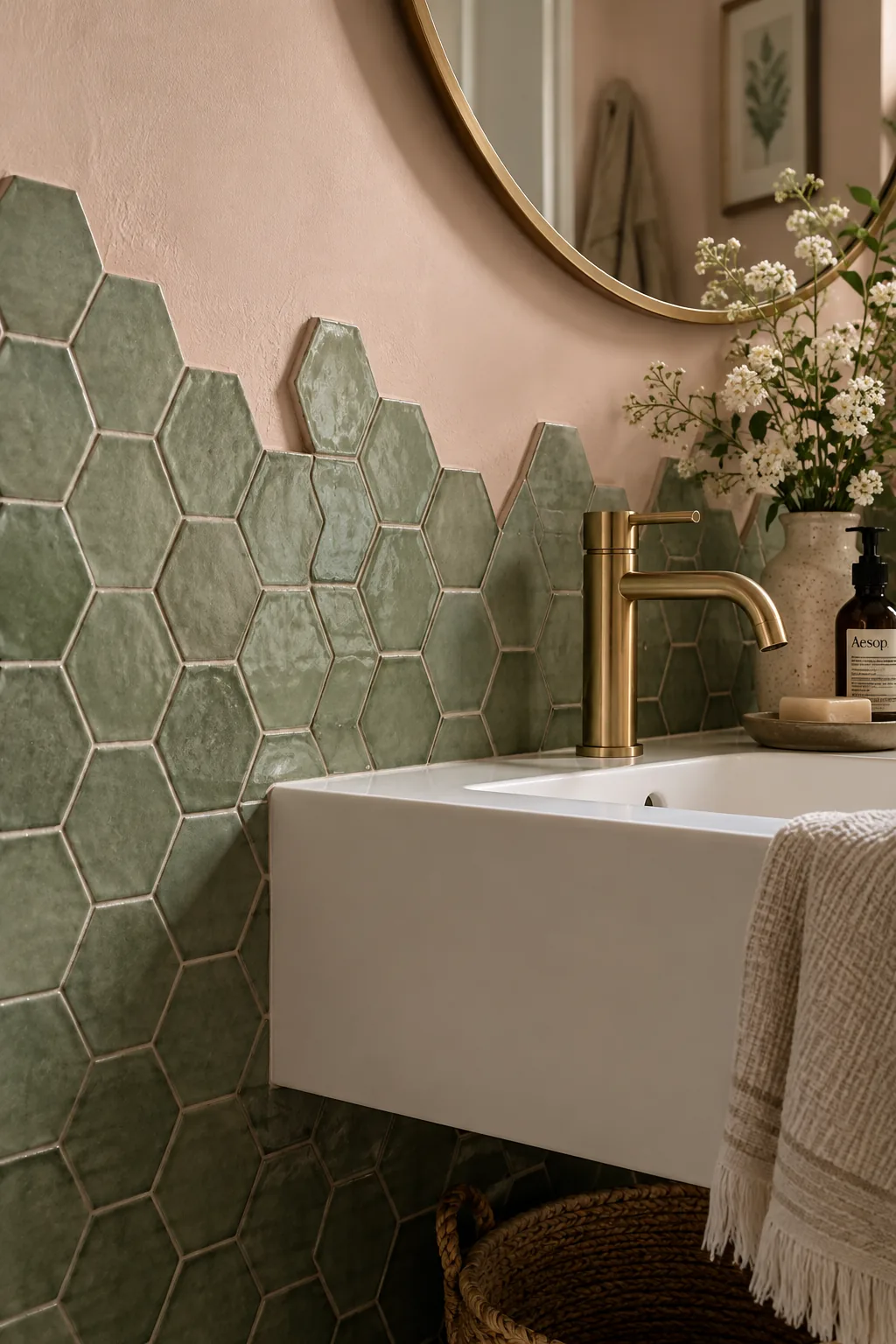 Black hexagon tiles with an unfinished, jagged top edge behind a modern sink