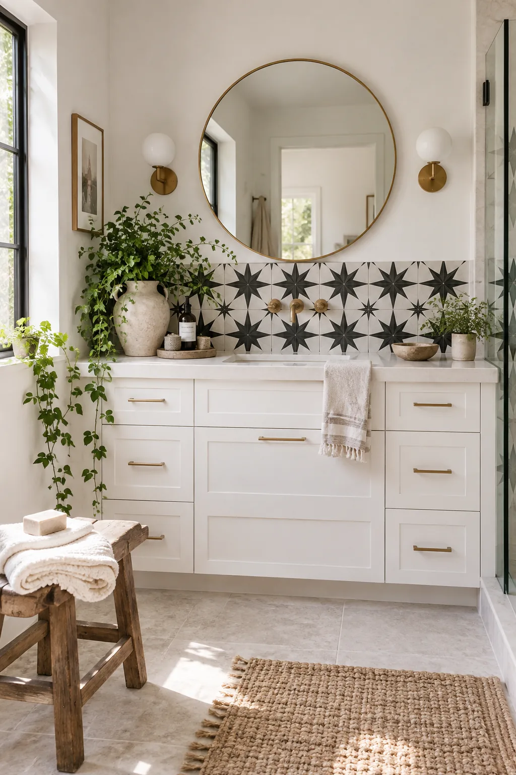 Black and white patterned cement tile backsplash behind a simple white vanity